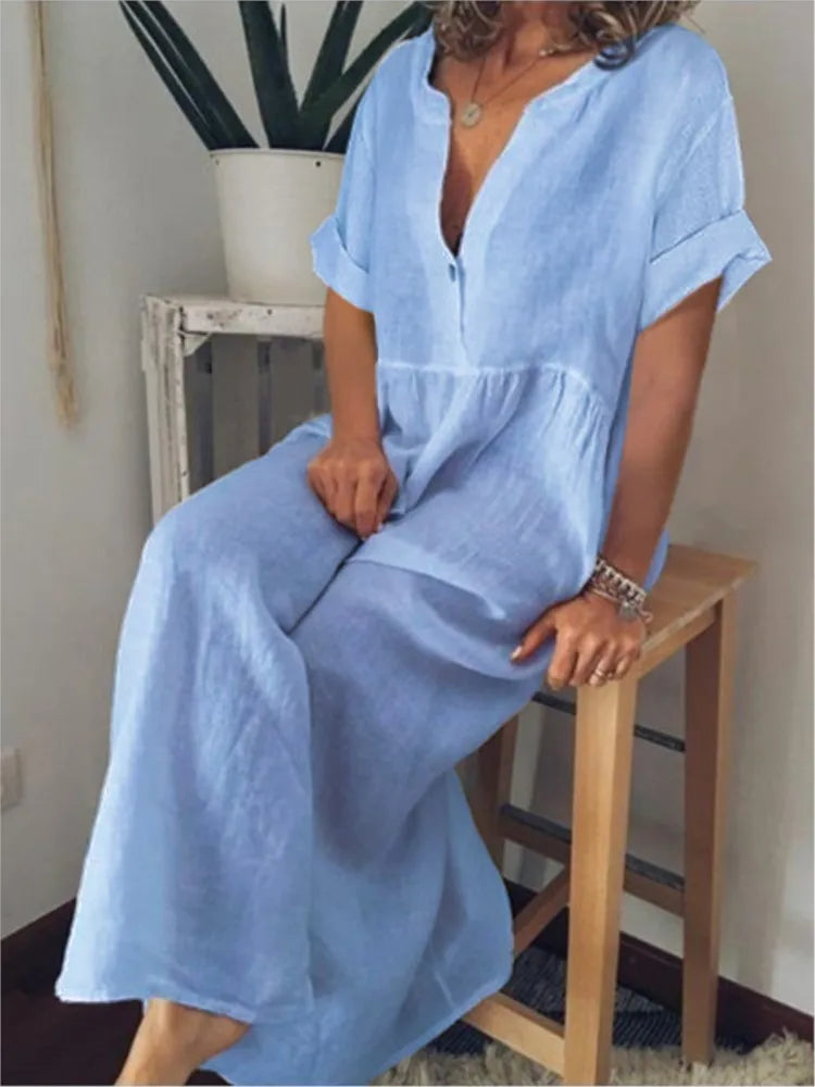 Marea | Vestido Maxi de Lino con Escote en V y Manga Corta