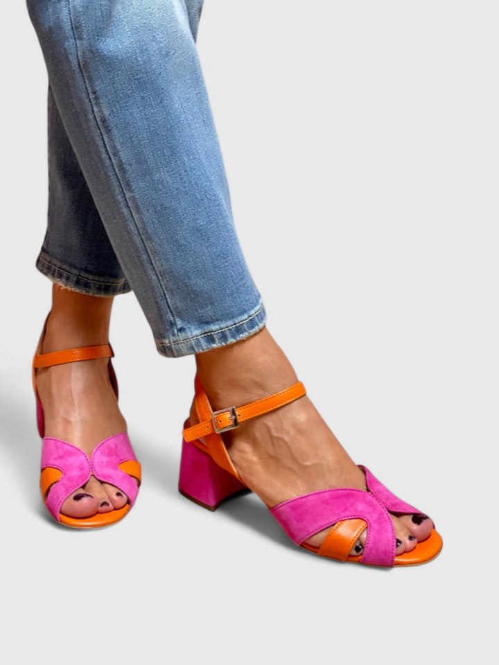 Devynne | Sandalia Artesanal de Tacón Ancho con Diseño Bicolor Fucsia y Naranja