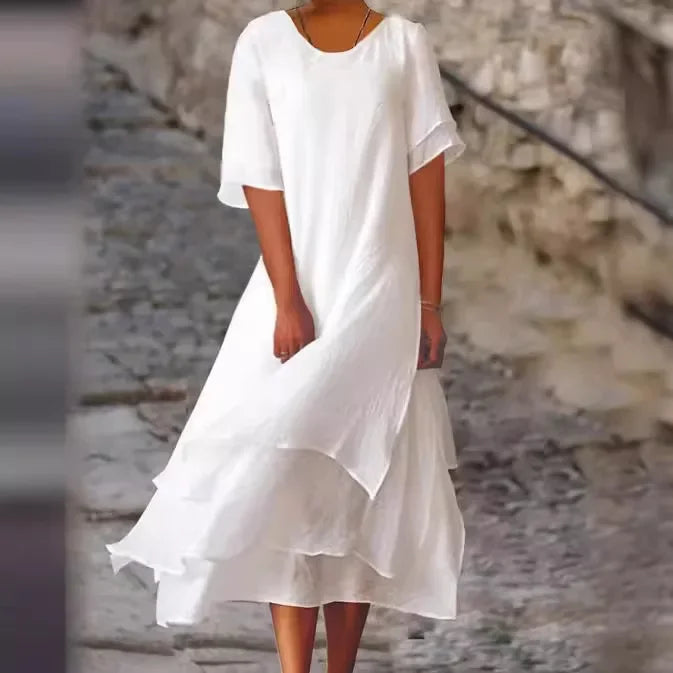 Perla | Vestido Maxi de Lino con Falda en Capas y Manga Corta