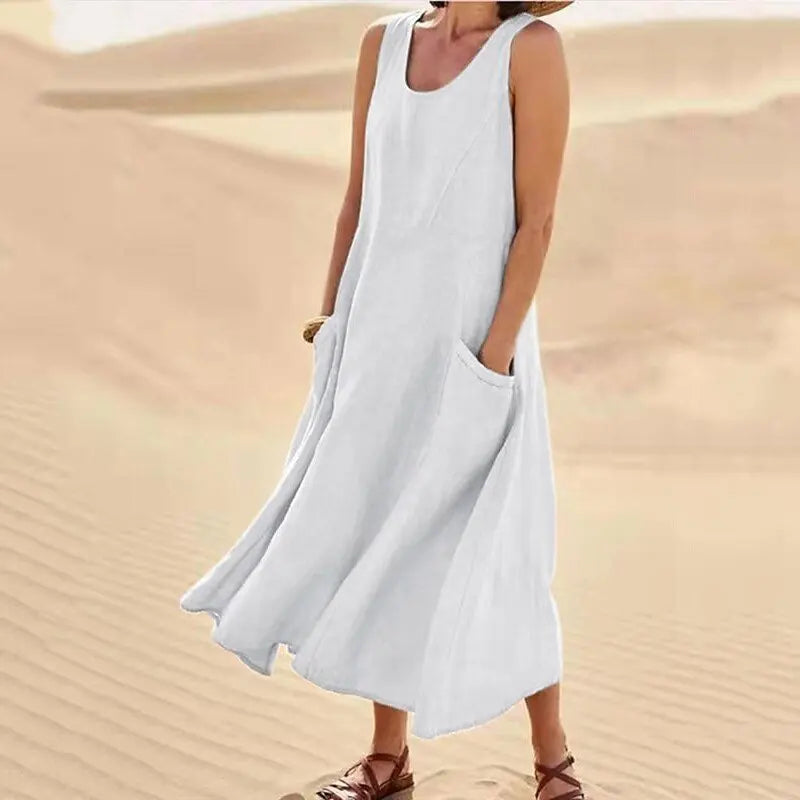 Sofía | Vestido largo de lino para mujer con cuello redondo y grandes bolsillos