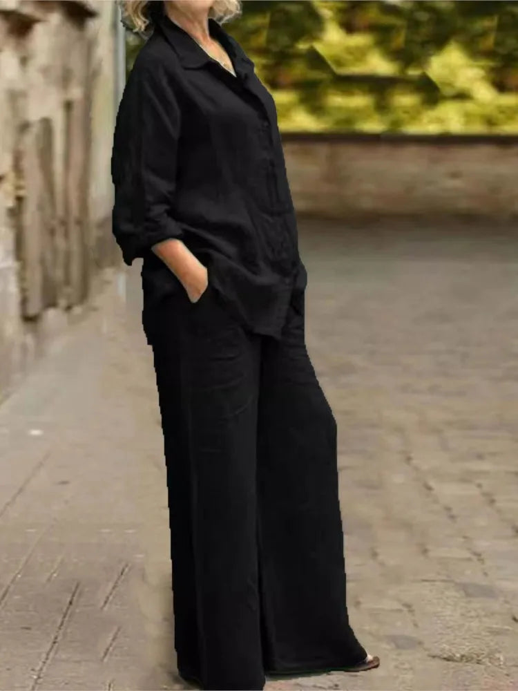 Brisa | Conjunto de Lino con Blusa y Pantalón de Pernera Ancha