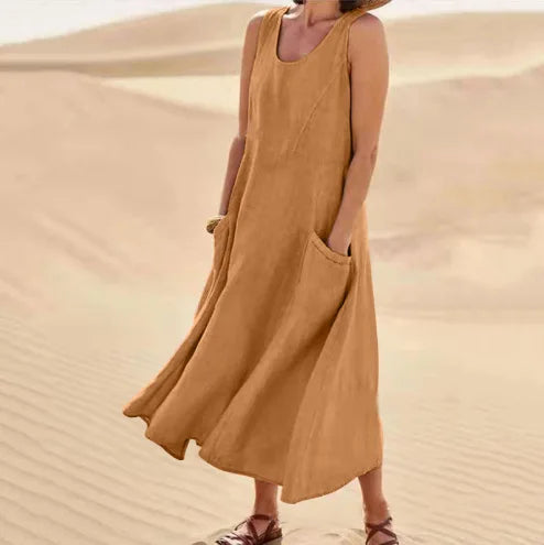 Sofía | Vestido largo de lino para mujer con cuello redondo y grandes bolsillos