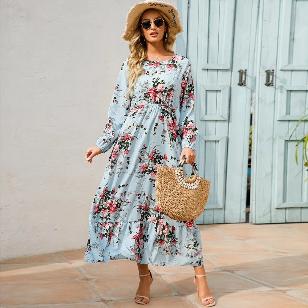 Isabella | Vestido Largo Floral con Manga Larga y Cintura Fruncida