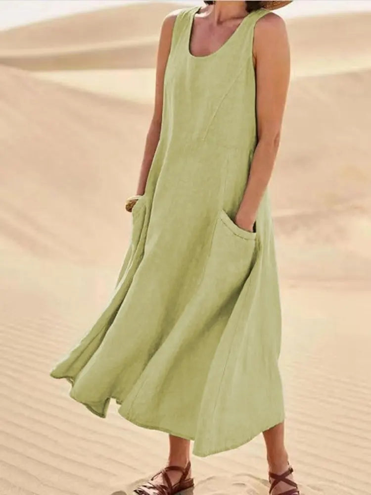 Sofía | Vestido largo de lino para mujer con cuello redondo y grandes bolsillos