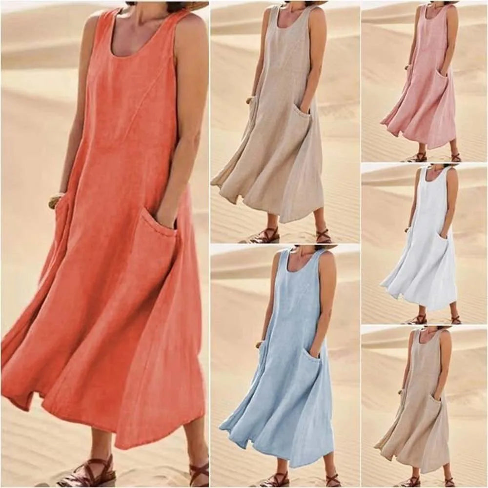 Sofía | Vestido largo de lino para mujer con cuello redondo y grandes bolsillos