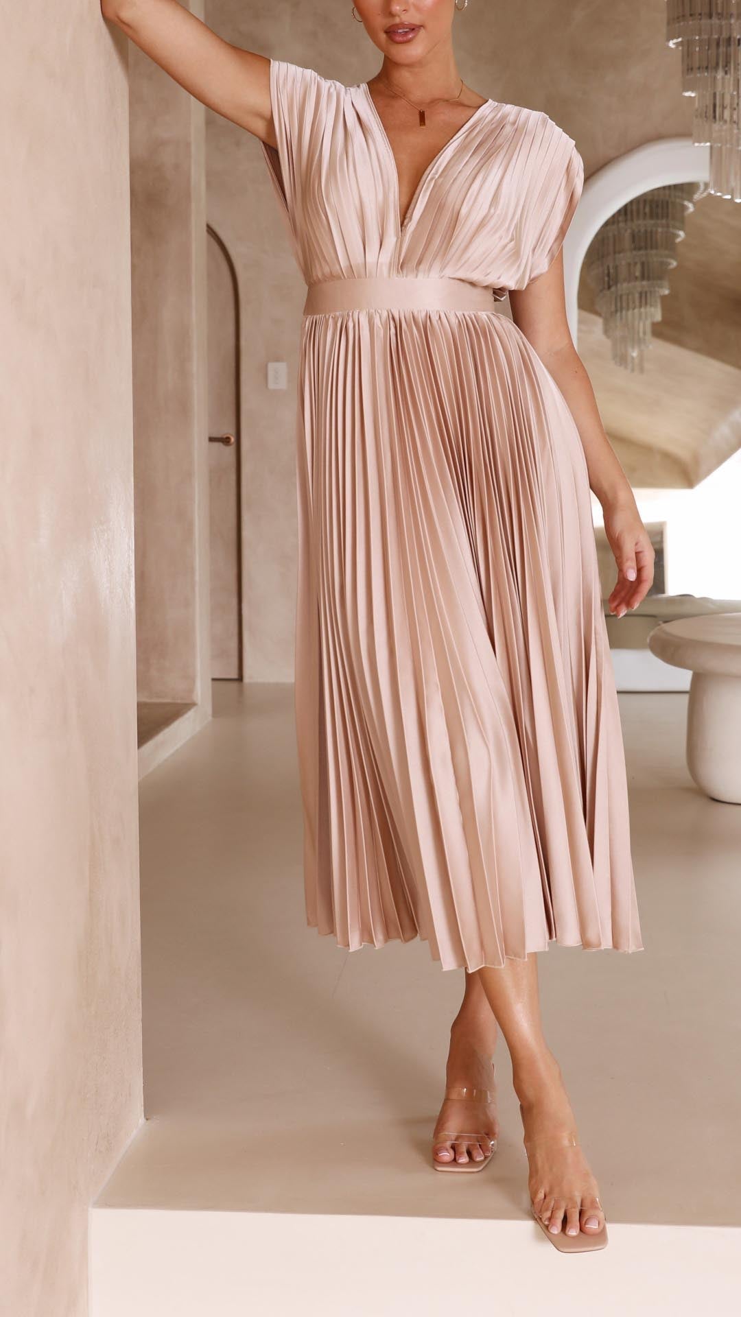 Isla | Vestido Midi Plisado con Escote en V