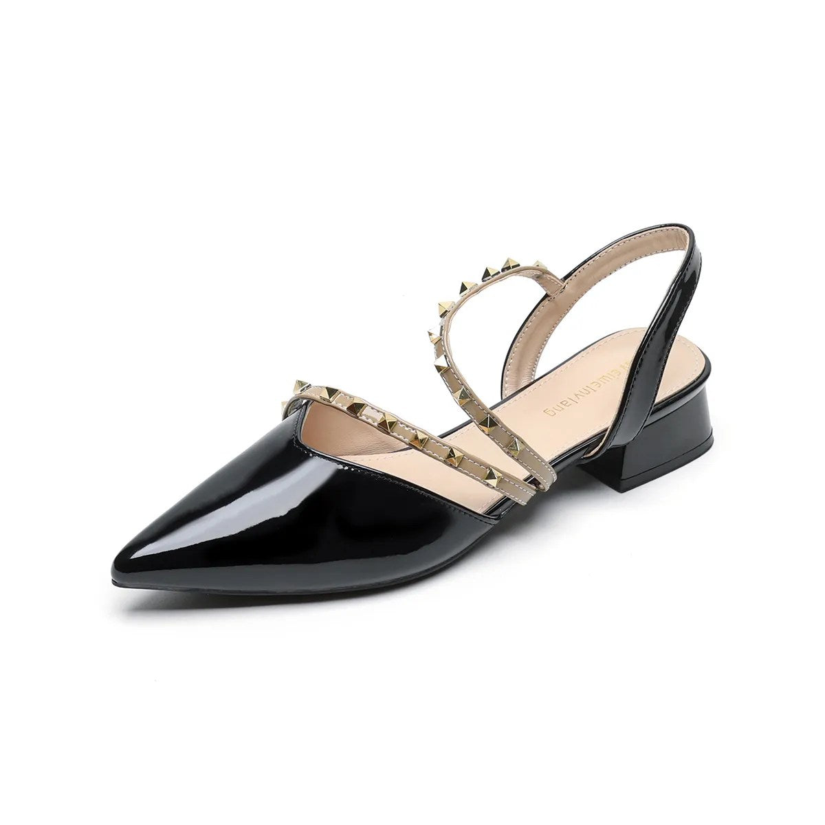 Liorah | Salón Slingback con Tacón Bajo y Tiras con Tachuelas Doradas