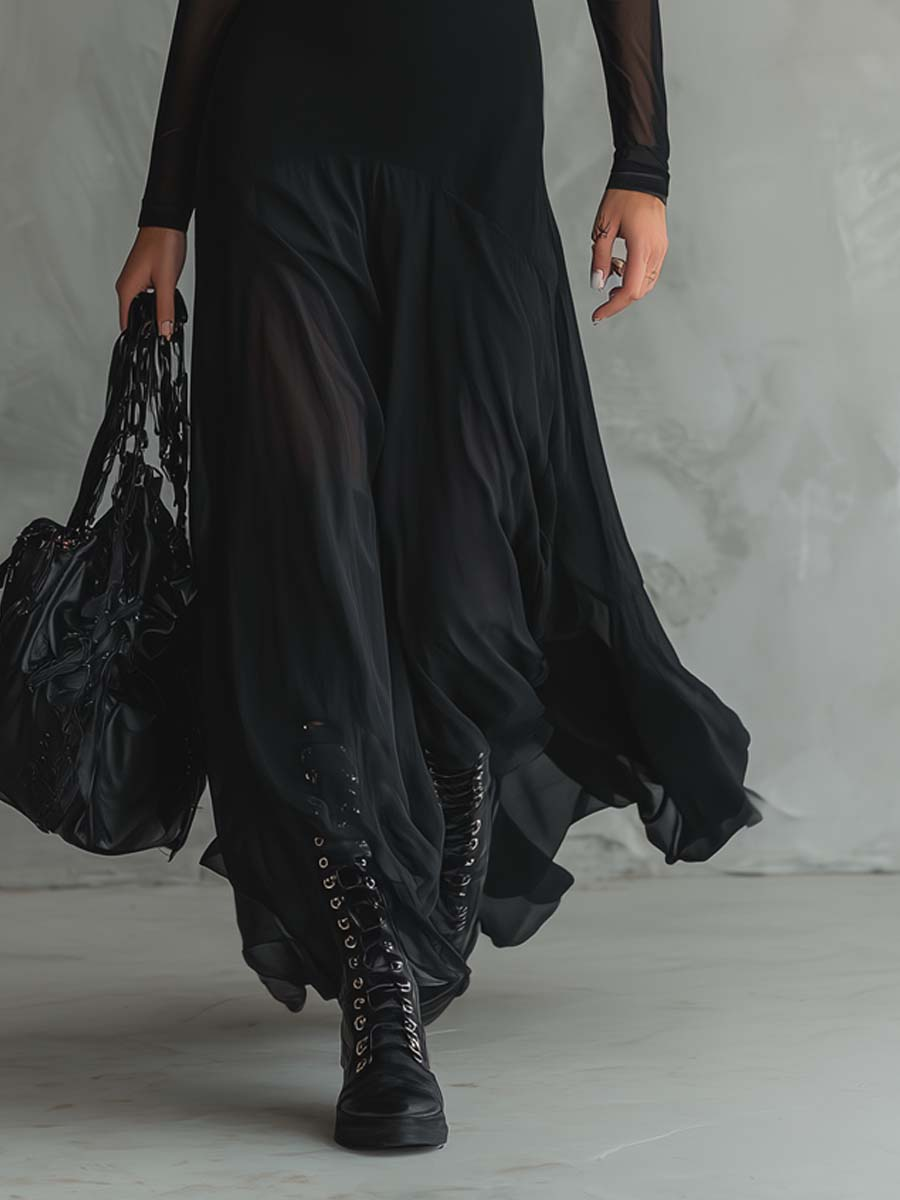 Neroa – Loose-fit maxi-jurk van zwart tule