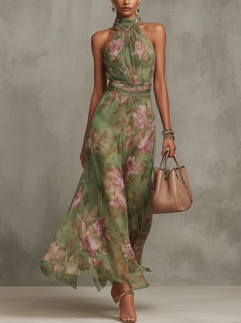 Livia | Vestido Maxi Halter Floral en Chifón