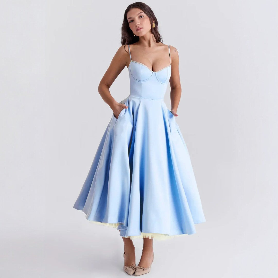 Arielle | Vestido Midi Azul con Corsé y Falda Evasé