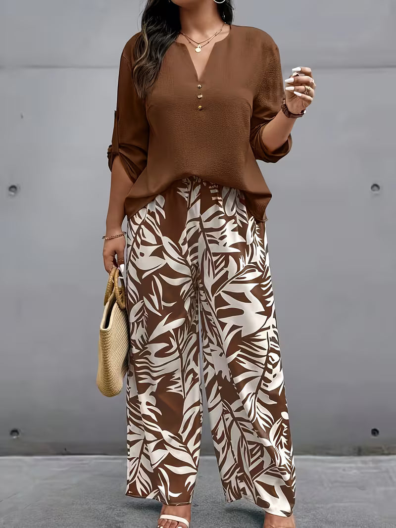 Botánica | Conjunto de Blusa y Pantalón de Pierna Ancha con Estampado