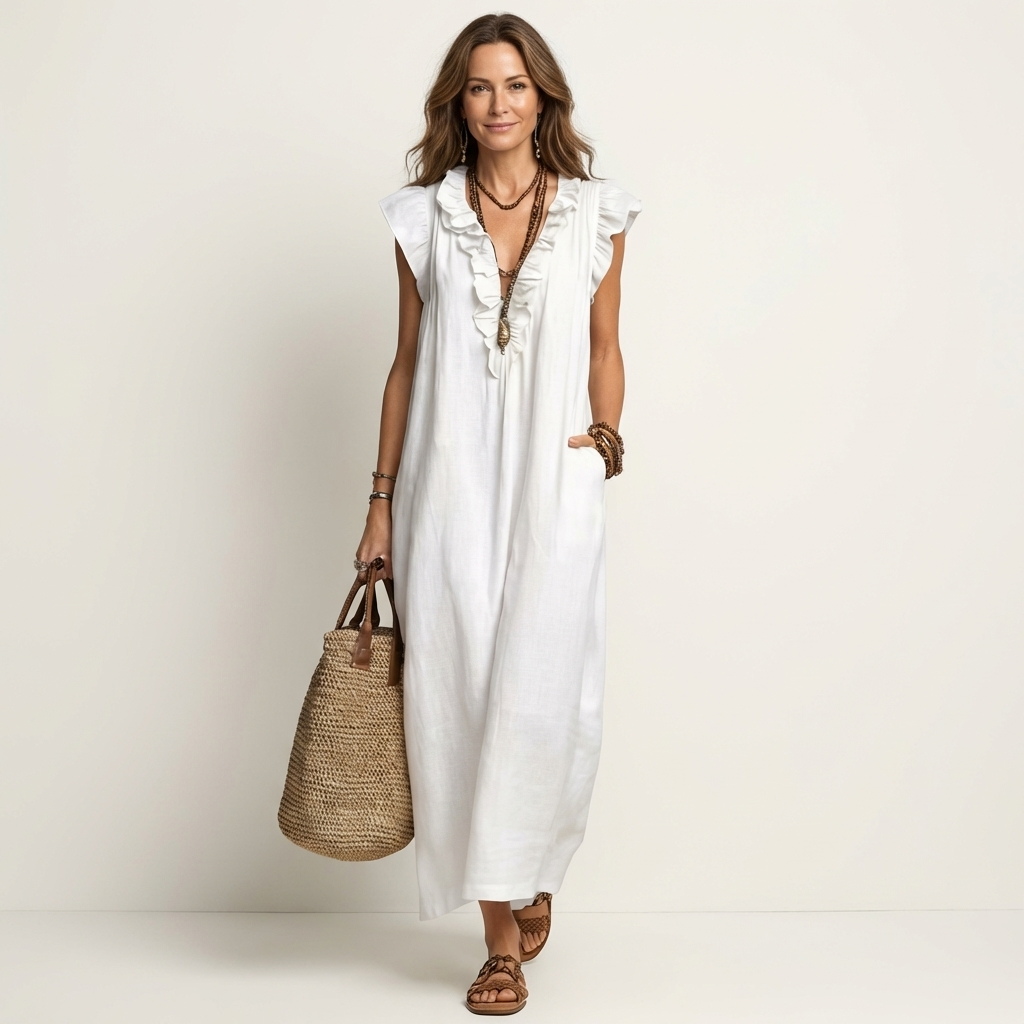 Bruma | Vestido Largo con Volantes y Escote en Pico