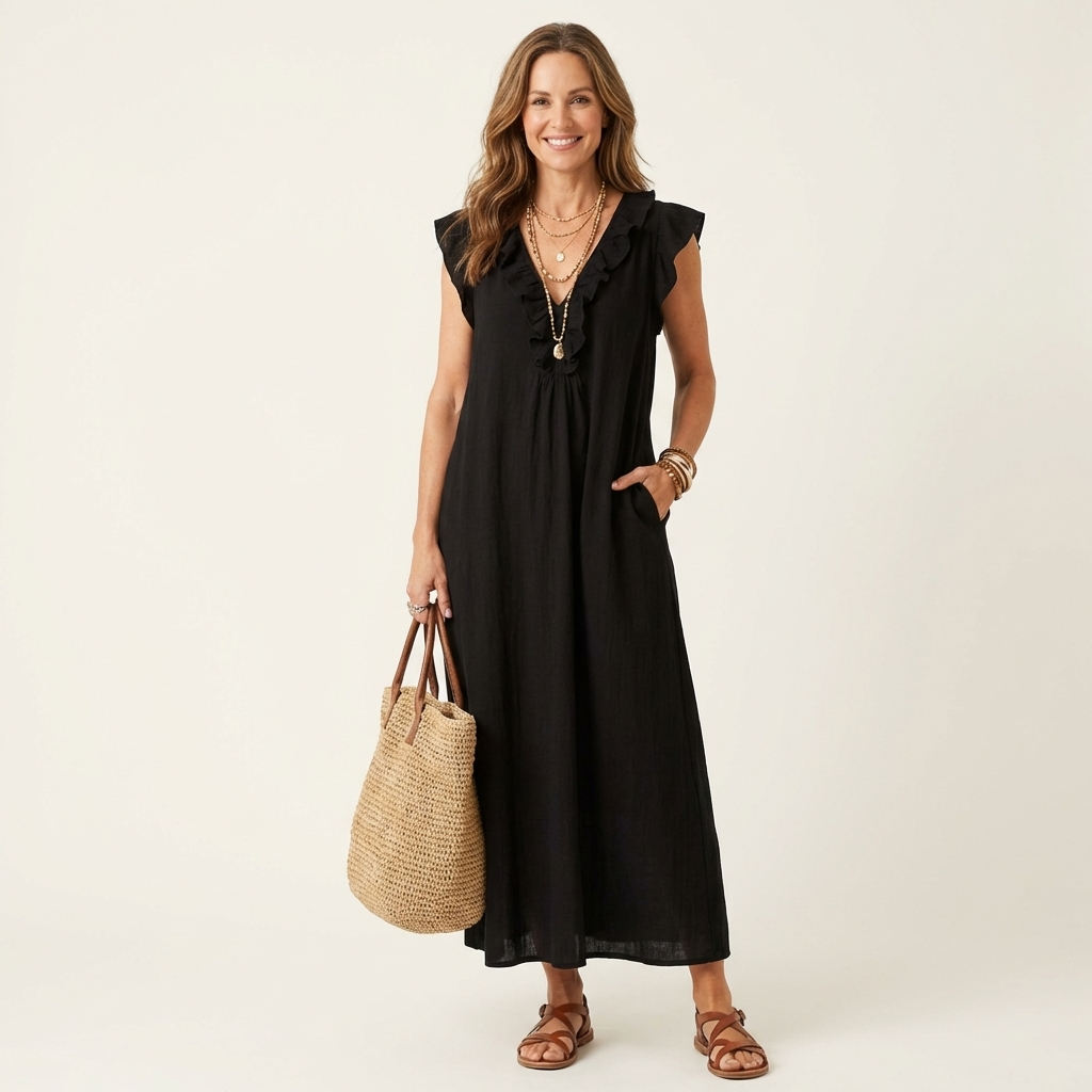 Bruma | Vestido Largo con Volantes y Escote en Pico