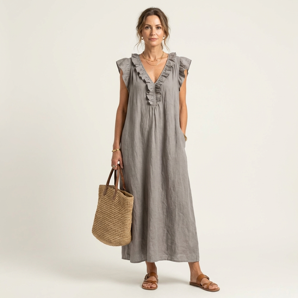 Bruma | Vestido Largo con Volantes y Escote en Pico