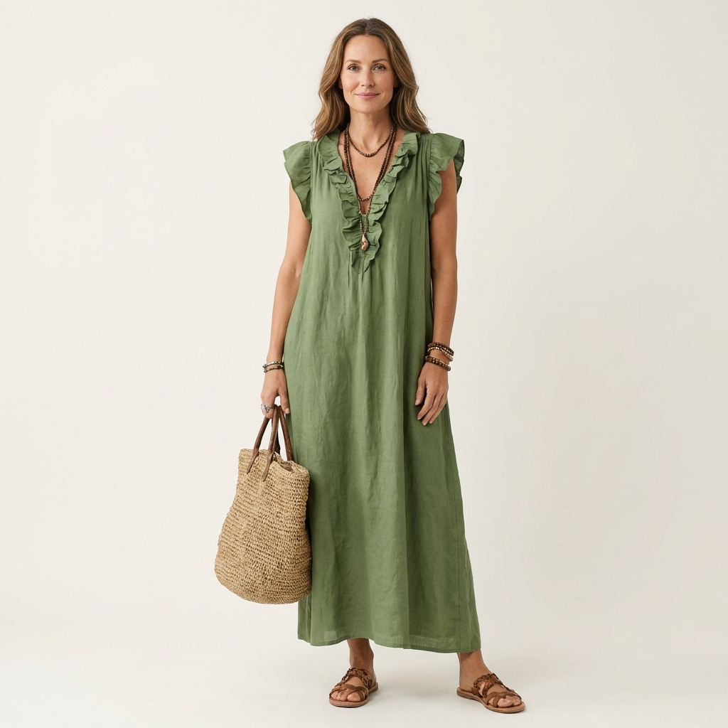 Bruma | Vestido Largo con Volantes y Escote en Pico