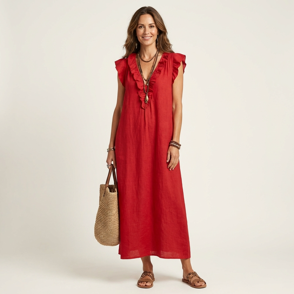 Bruma | Vestido Largo con Volantes y Escote en Pico