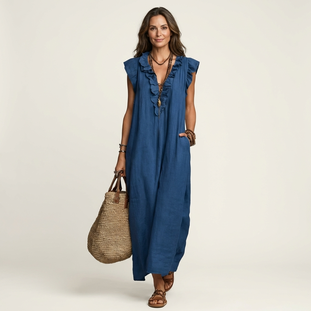 Bruma | Vestido Largo con Volantes y Escote en Pico