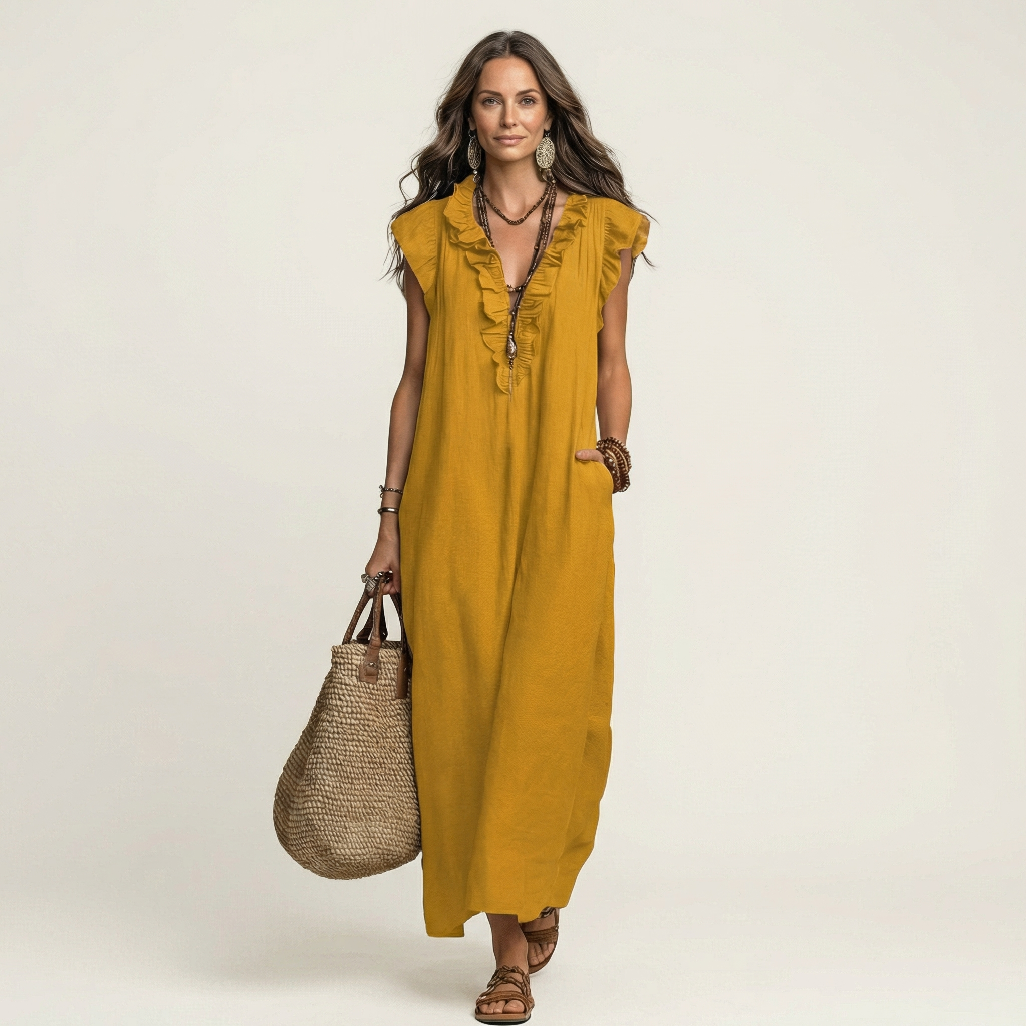 Bruma | Vestido Largo con Volantes y Escote en Pico
