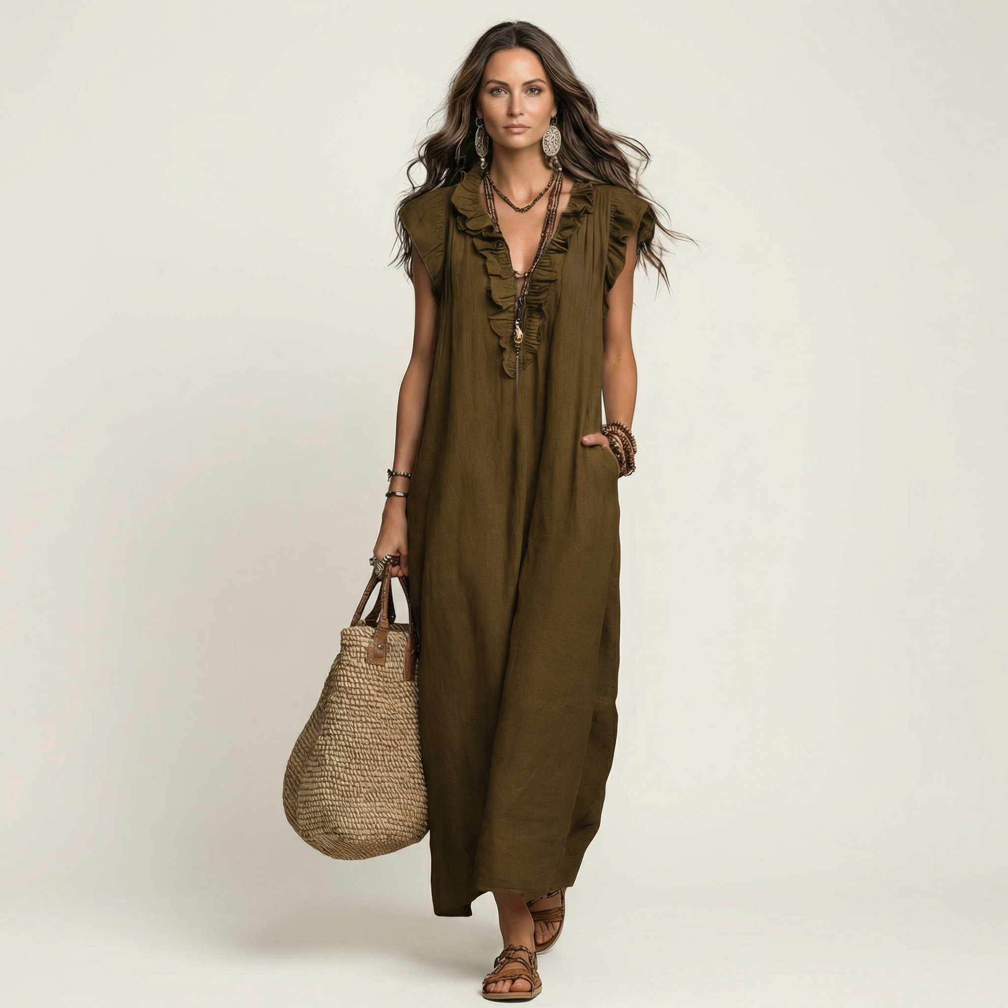 Bruma | Vestido Largo con Volantes y Escote en Pico