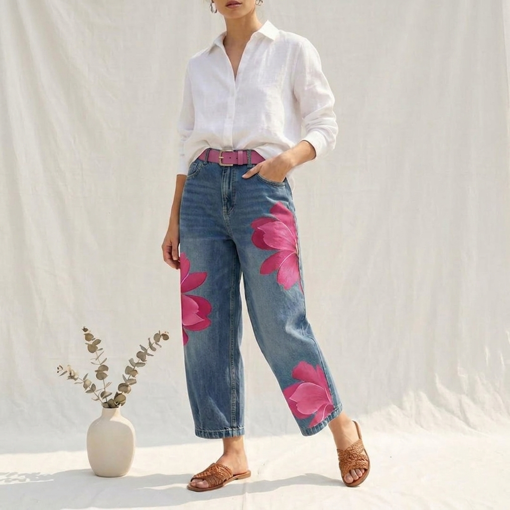 Beatrix | Vaquero Rosa Elegante Loose Fit con Estampado Floral