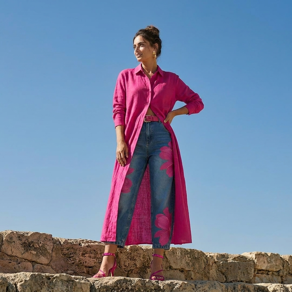 Beatrix | Vaquero Rosa Elegante Loose Fit con Estampado Floral