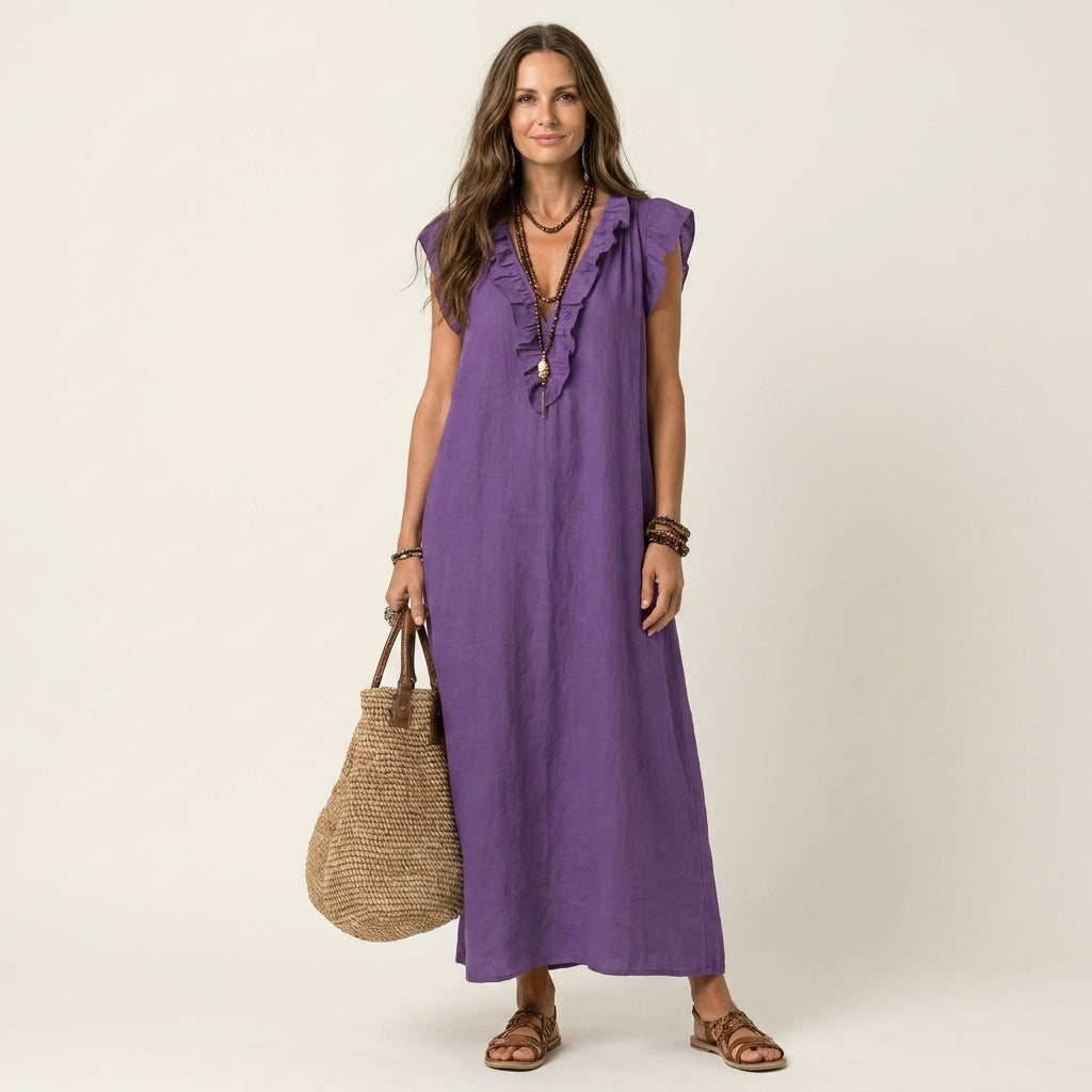 Bruma | Vestido Largo con Volantes y Escote en Pico