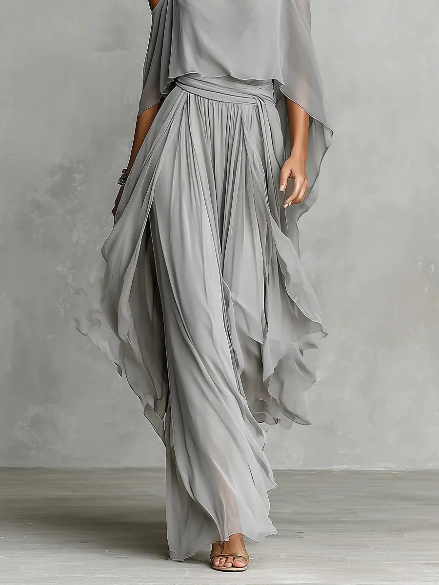 Isabela | Vestido Largo de Gasa con Hombros Descubiertos y Capas Fluidas