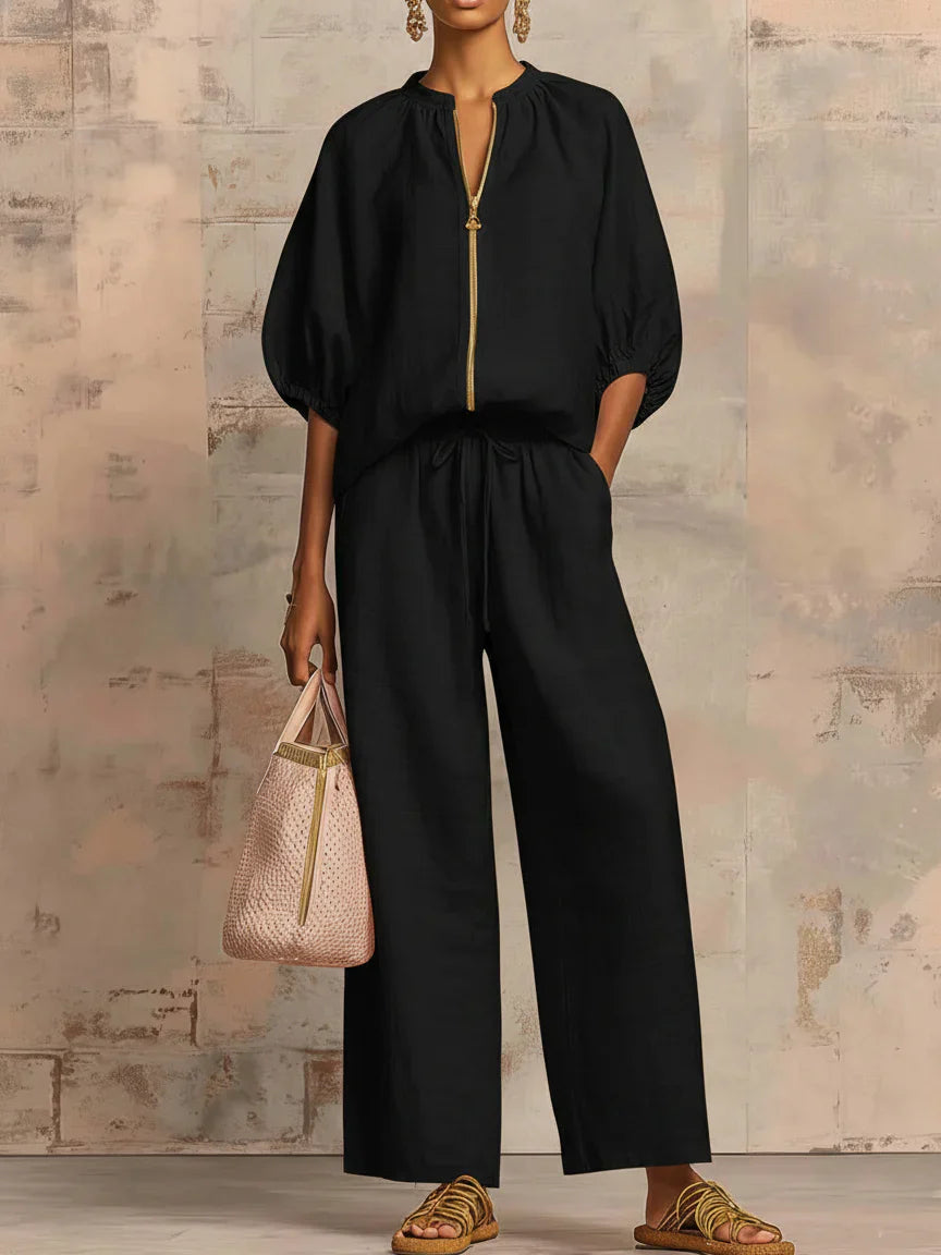 Alba | Camisa con Cremallera y Pantalón de Pernera Ancha en Tejido Ligero