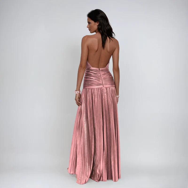 Elena | Vestido Maxi Halter Metálico con Abertura