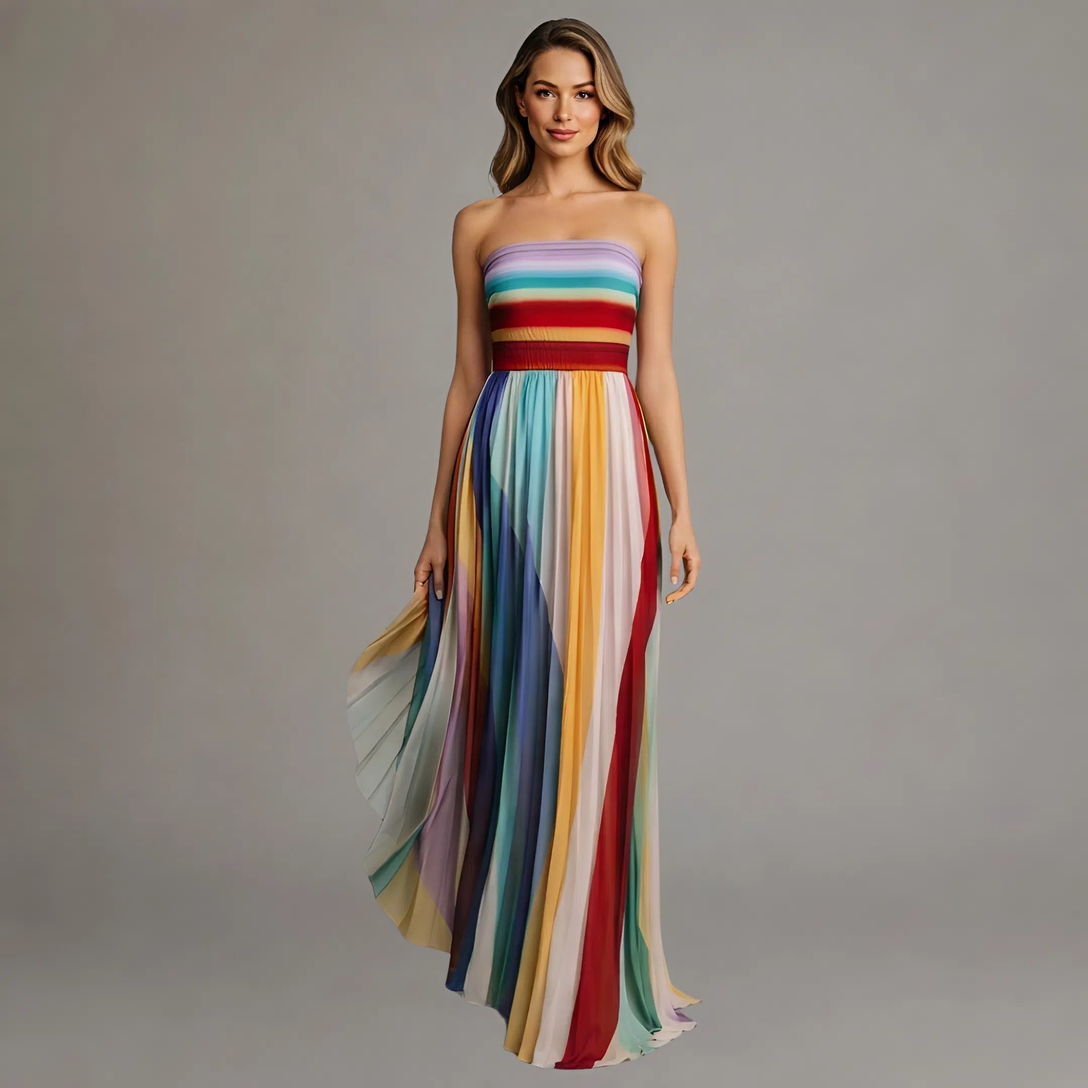 Giulia | Vestido Maxi de Rayas Multicolor con Escote Palabra de Honor