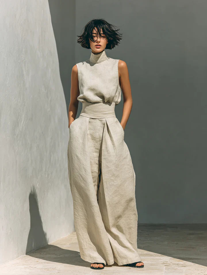 Flor | Blusa Sin Mangas y Pantalón Ancho en Algodón y Lino