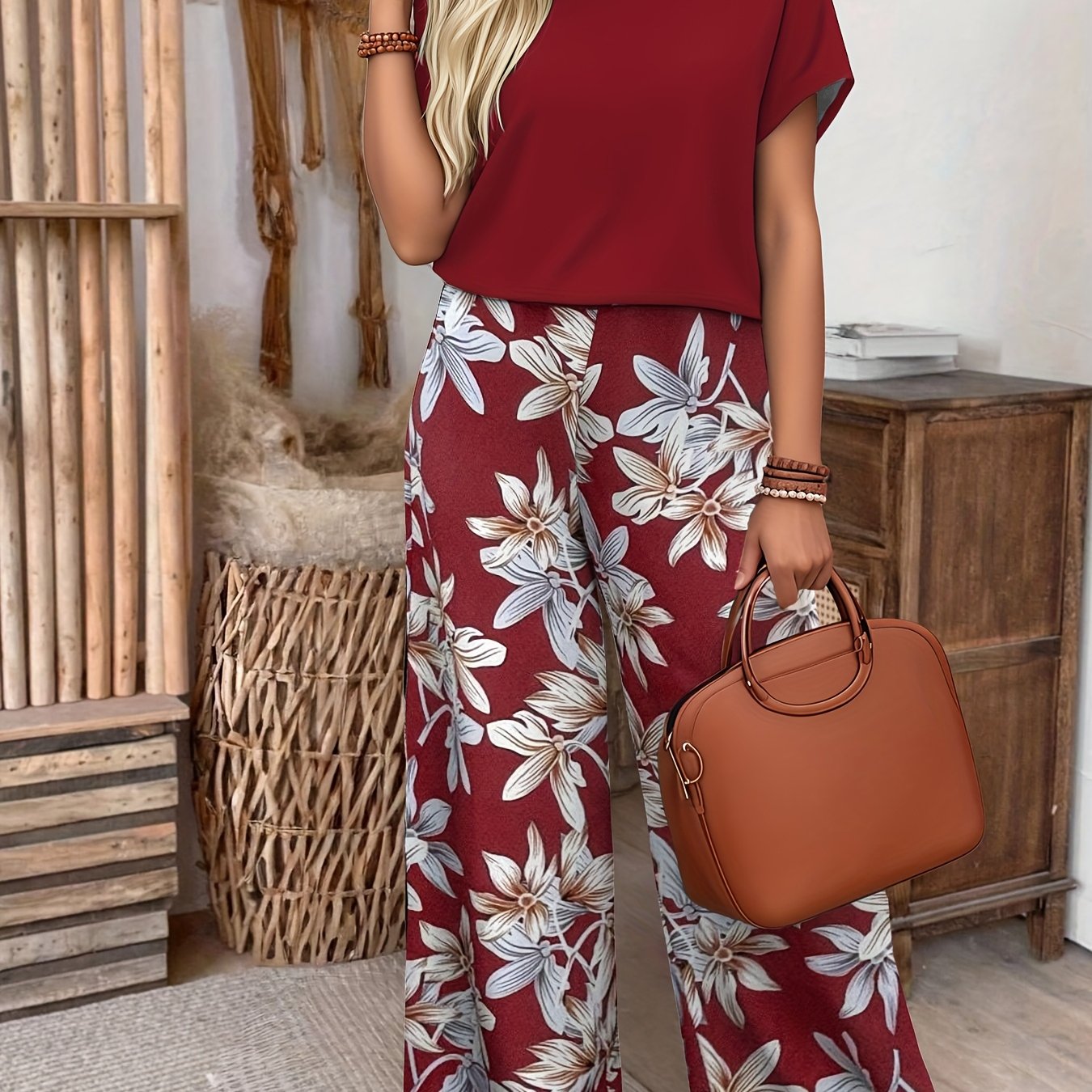 Vrouwen Stijlvolle Elegante Korte Mouw Ronde Hals Bloemenprint Set