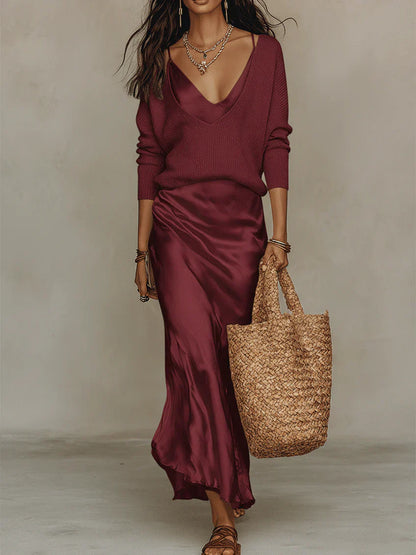 Elena | Abito Midi Satinato con Maglione Incluso