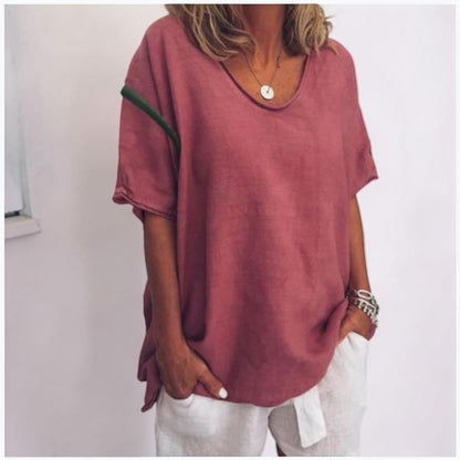 Nube | Camiseta de Lino Holgada con Cuello Redondo y Manga Tres Cuartos