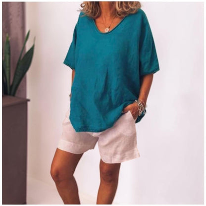 Nube | Camiseta de Lino Holgada con Cuello Redondo y Manga Tres Cuartos