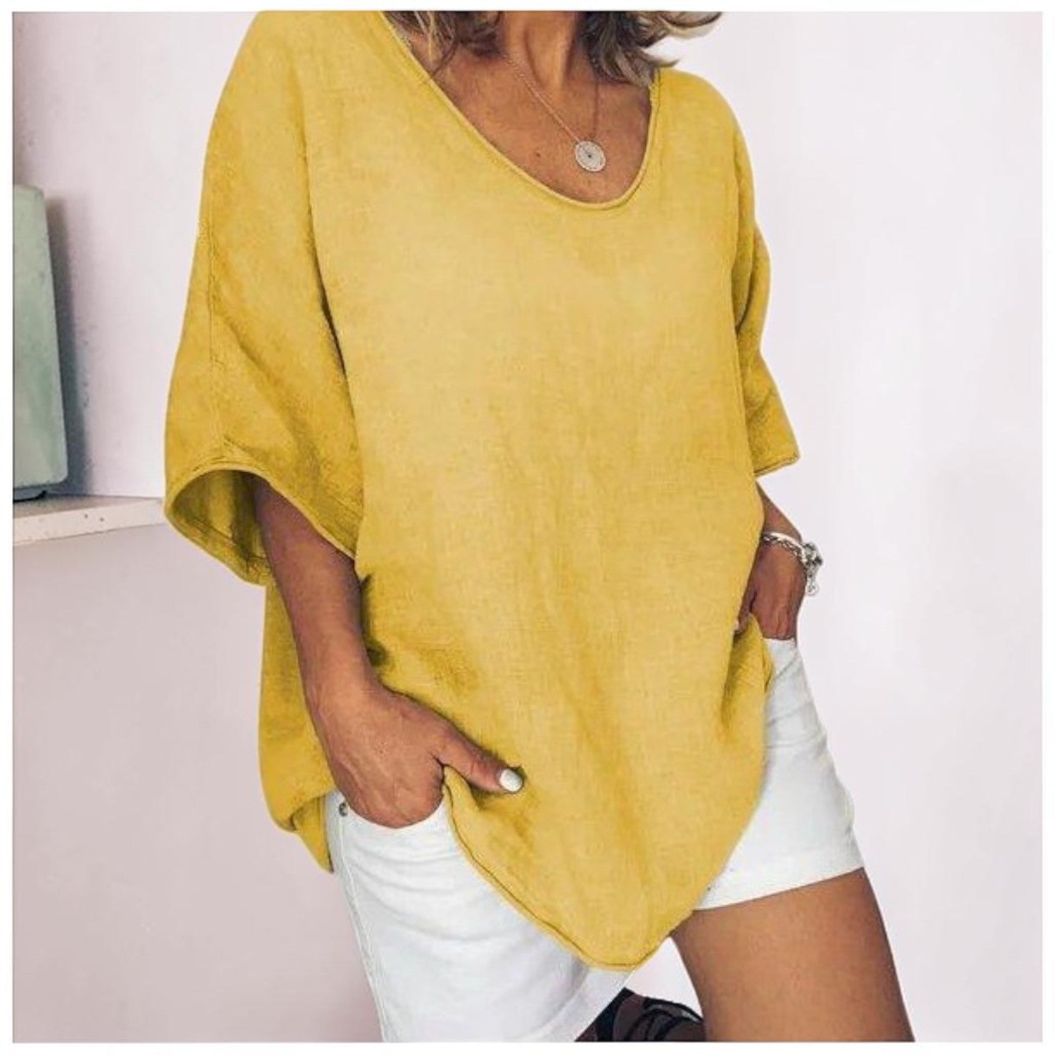 Nube | Camiseta de Lino Holgada con Cuello Redondo y Manga Tres Cuartos