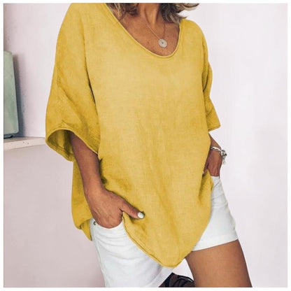 Nube | Camiseta de Lino Holgada con Cuello Redondo y Manga Tres Cuartos