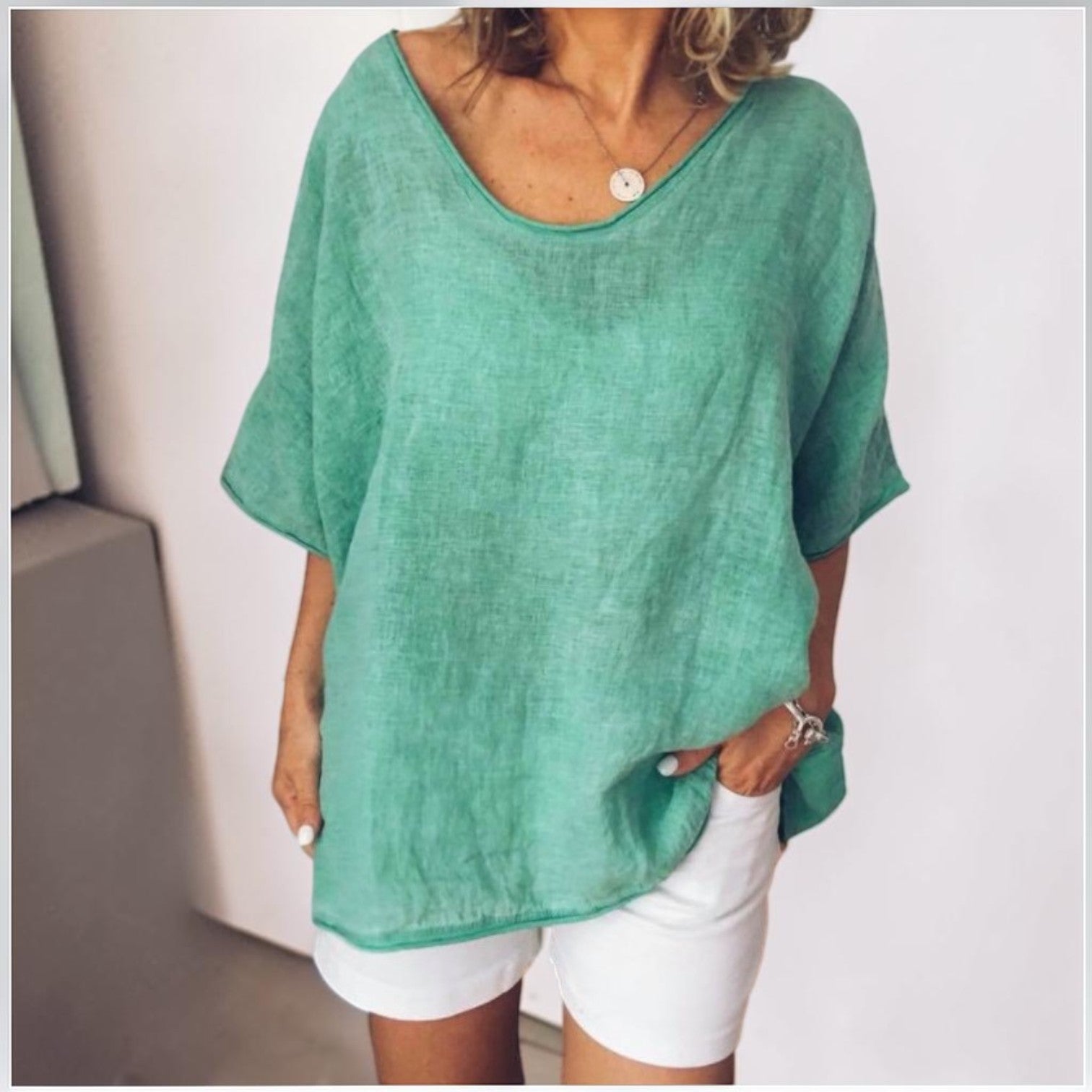 Nube | Camiseta de Lino Holgada con Cuello Redondo y Manga Tres Cuartos
