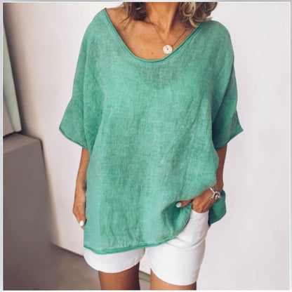 Nube | Camiseta de Lino Holgada con Cuello Redondo y Manga Tres Cuartos