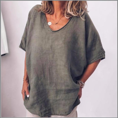 Nube | Camiseta de Lino Holgada con Cuello Redondo y Manga Tres Cuartos