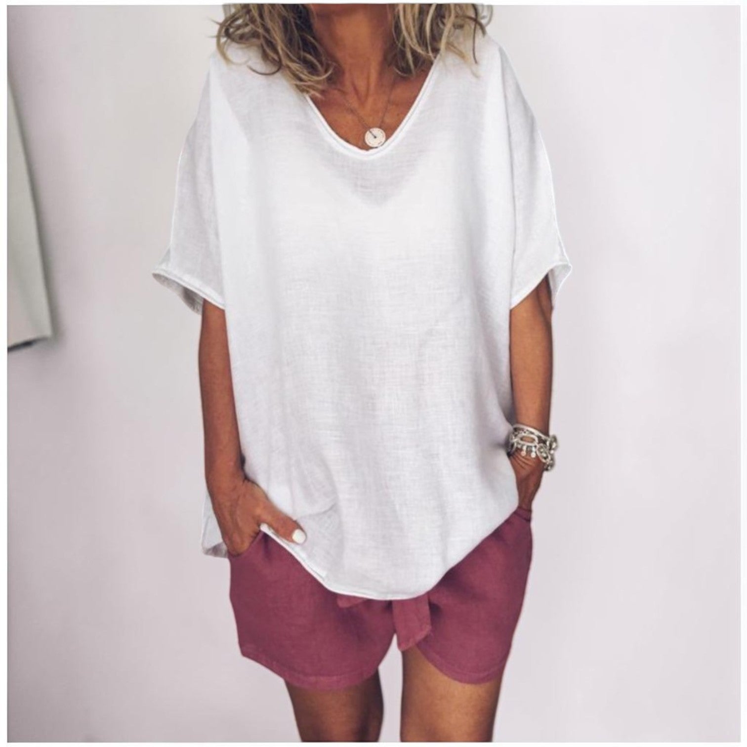 Nube | Camiseta de Lino Holgada con Cuello Redondo y Manga Tres Cuartos