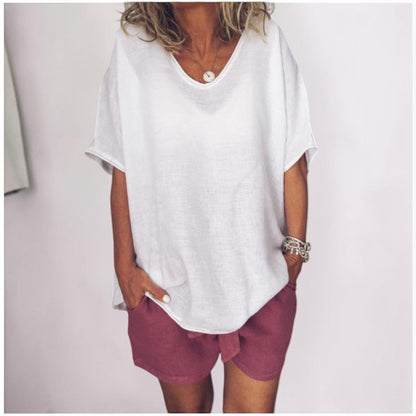 Nube | Camiseta de Lino Holgada con Cuello Redondo y Manga Tres Cuartos