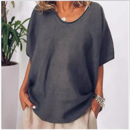 Nube | Camiseta de Lino Holgada con Cuello Redondo y Manga Tres Cuartos