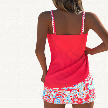 Palma | Tankini Acanalado con Falda Floral