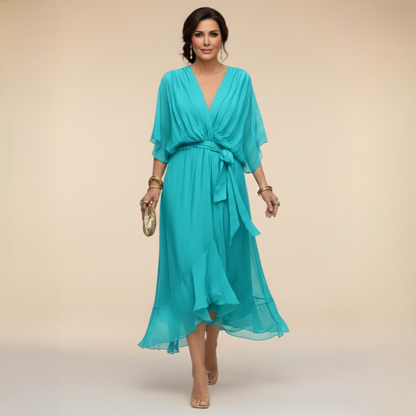 Monica | Vestido Midi en Chifón con Escote en V y Cinturón