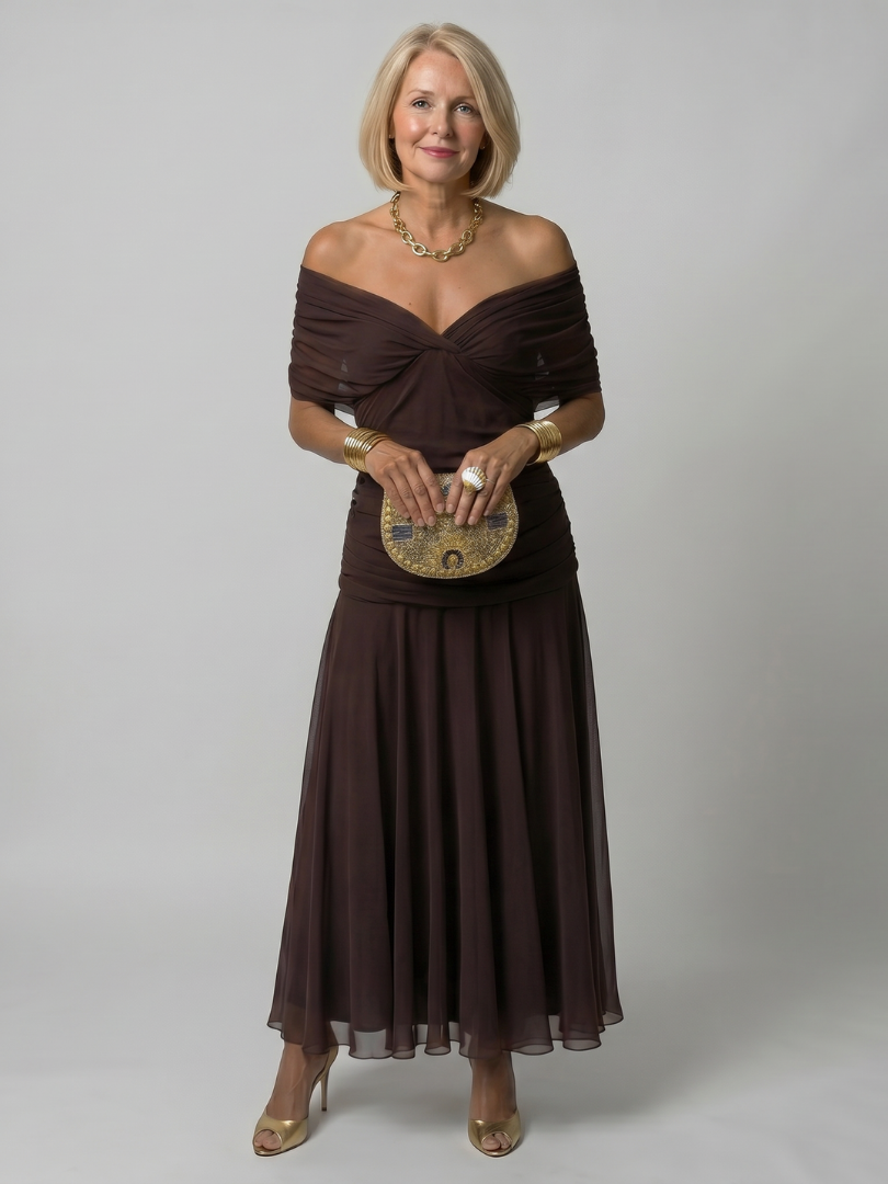 Calen | Vestido Midi Off-Shoulder Fluido