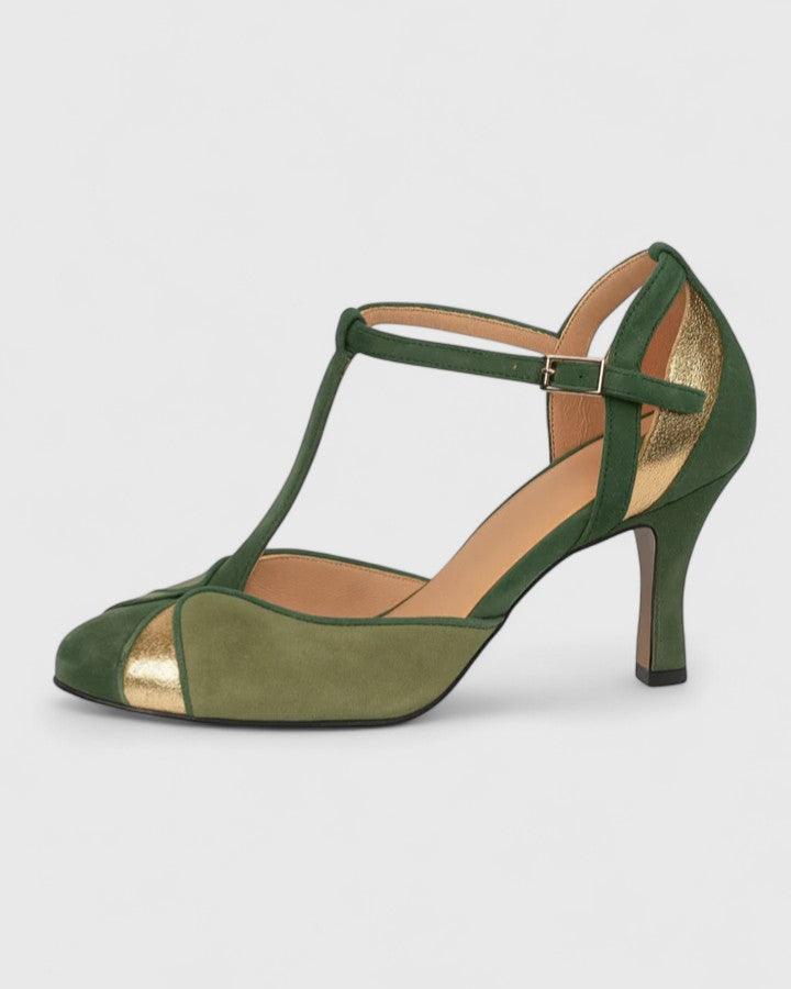 Olivia | Salón de Tacón Fino con Ante Verde y Detalles Dorados