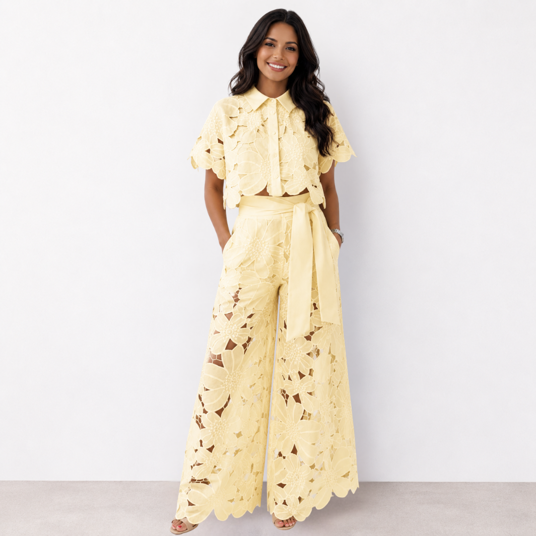 Isabela | Conjunto de Encaje de Camisa y Pantalón Palazzo