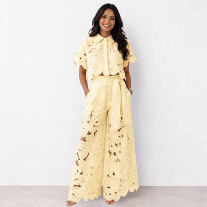 Isabela | Conjunto de Encaje de Camisa y Pantalón Palazzo