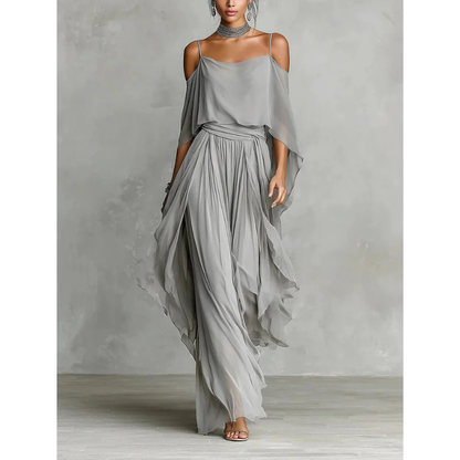 Isabela | Vestido Largo de Gasa con Hombros Descubiertos y Capas Fluidas